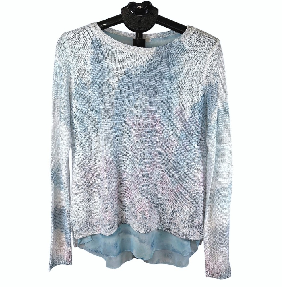 Sioni Womens Blue Watercolor Tie Dye Split Tulip Back Chiffon Layered Sweater M‎